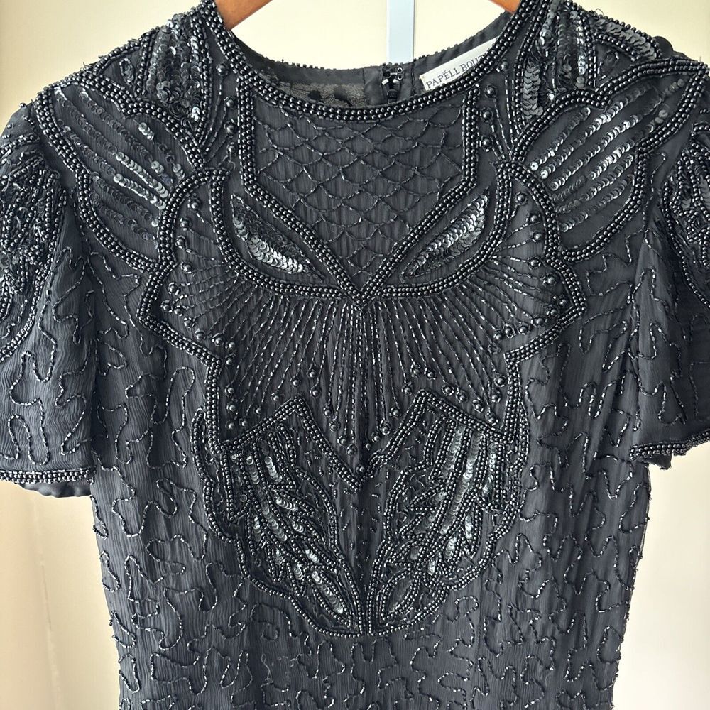 Vintage Papell Boutique Evening 100% Silk Beaded Midi Dress Formal Size 8 Black - Picture 2 of 7